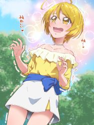 Rule 34 | 1girl, :d, ahoge, blonde hair, blue bow, blurry, blurry background, bow, choker, collarbone, day, drooling, dutch angle, from below, hair between eyes, hug, hugtto! precure, kagayaki homare, lens flare, long sleeves, miniskirt, off-shoulder shirt, off shoulder, open mouth, outdoors, precure, shirt, short hair, side slit, skirt, smile, solo, sparkle, standing, tj-type1, trembling, wavy mouth, yellow eyes, yellow shirt, yellow skirt