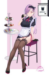 Rule 34 | 1girl, absurdres, apron, black dress, black footwear, black gloves, blush, breasts, brown thighhighs, closed mouth, commentary request, cup, dress, earrings, food, frilled apron, frills, garter straps, gloves, half gloves, high heels, highres, holding, holding cup, jewelry, jiujiuyatou (yayanzz), lace, lace-trimmed legwear, lace trim, long hair, looking at viewer, macaron, medium breasts, original, pink background, puffy short sleeves, puffy sleeves, purple hair, red eyes, shoes, short dress, short sleeves, signature, solo, swept bangs, teacup, thighhighs, tiered tray, two-tone background, very long hair, white apron, white background
