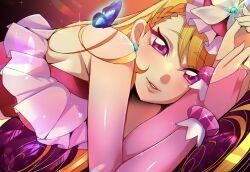 Rule 34 | 1girl, absurdres, blonde hair, bracelet, braid, bridal gauntlets, bug, butterfly, butterfly hair ornament, commentary, crop top, cure butterfly, elbow gloves, gloves, hair ornament, half-closed eyes, highres, hijiri ageha, hirogaru sky! precure, insect, jewelry, lips, long hair, looking at viewer, lying, magical girl, mitsuki tayura, on side, open mouth, pink gloves, precure, purple eyes, red shorts, shorts, smile, solo, very long hair