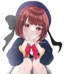 Rule 34 | 1girl, arima kana, beret, black ribbon, blue hat, blue vest, bob cut, closed mouth, hat, hat ribbon, highres, inverted bob, looking at viewer, oshi no ko, pink ribbon, red eyes, red hair, ribbon, school uniform, short hair, simple background, sitting, solo, user gejp2588, vest, white background, youtou high school uniform