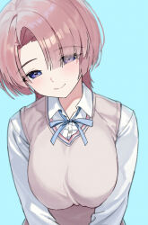 Rule 34 | 1girl, arimura mao, blue background, blue eyes, blue ribbon, breasts, brown sweater vest, closed mouth, commentary, eyes visible through hair, gakuen idolmaster, hair over one eye, hatsuboshi gakuen school uniform, highres, idolmaster, jason kim, large breasts, long sleeves, looking at viewer, neck ribbon, ribbon, school uniform, simple background, smile, solo, sweater vest, upper body
