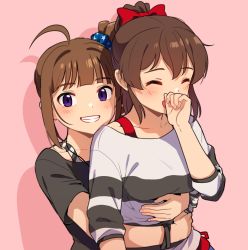 Rule 34 | 2girls, ahoge, black shirt, blue scrunchie, bow, brown hair, closed eyes, commentary, drill hair, grin, hair bow, hair ornament, hair scrunchie, hug, hug from behind, idolmaster, idolmaster million live!, kamille (vcx68), laughing, looking at viewer, medium hair, multiple girls, pink background, ponytail, print scrunchie, purple eyes, red bow, satake minako, scrunchie, shadow, shirt, shirt straps, side drill, side ponytail, smile, star (symbol), star print, striped clothes, striped shirt, t-shirt, white shirt, yokoyama nao