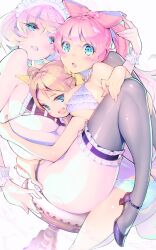 Rule 34 | 3girls, bikini, blonde hair, blue eyes, blush, breasts, commentary request, frilled bikini, frilled thighhighs, frills, girl sandwich, high heels, highres, hug, large breasts, long hair, looking at viewer, maid, maid bikini, maid headdress, multiple girls, open mouth, original, pink hair, ponytail, sandwiched, short hair, stool, swimsuit, thighhighs, tinkle bell, unconventional maid, wrist cuffs