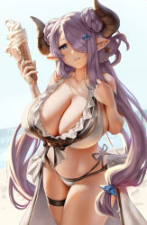 Rule 34 | 10s, 1girl, bikini, blue eyes, breasts, bursting breasts, cleavage, commentary request, curvy, draph, earrings, eu03, food, granblue fantasy, hair ornament, hair over one eye, highres, horns, huge breasts, ice cream, ice cream cone, jewelry, lips, long hair, looking at viewer, narmaya (granblue fantasy), narmaya (summer) (granblue fantasy), parted lips, pointy ears, purple hair, side-tie bikini bottom, sideboob, simple background, sitting, solo, swimsuit, very long hair, white background, white bikini, wide hips