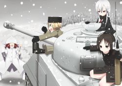 Rule 34 | 4girls, :p, absurdres, black eyes, black hair, blonde hair, blue eyes, boots, breasts, caterpillar tracks, coat, cup, day, earmuffs, earphones, food, fork, gloves, hat, highres, long hair, m4 sherman, military, military vehicle, motor vehicle, multiple girls, necktie, open mouth, original, red eyes, red hair, scarf, sherman firefly, short hair, small breasts, snow, snowing, steam, tank, tank shell, tongue, tongue out, tree, white hair, zafuri (yzrnegy)