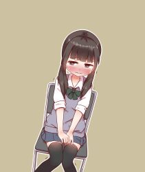 Rule 34 | 1girl, absurdres, black hair, blush, chair, dildo reveal, embarrassed, female focus, highres, on chair, qswan, school uniform, simple background, sitting, skirt, socks, solo, sweat, thighhighs, trembling, twintails
