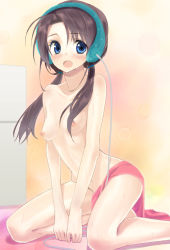 Rule 34 | 1girl, blue eyes, blush, brown hair, commentary, flat chest, headphones, long hair, lunaticjoker, naked towel, nipples, original, sitting, small breasts, solo, sweat, towel, tsukigami runa, twintails, v arms, wariza