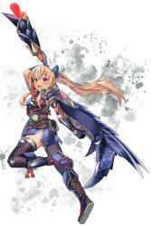 Rule 34 | 1girl, blonde hair, bow, coma (light825), commentary request, dark-skinned female, dark skin, hair between eyes, hair bow, highres, holding, holding weapon, hololive, leg up, long hair, looking at viewer, monster hunter (series), monster hunter rise, multicolored hair, ponytail, red eyes, shiranui flare, sidelocks, simple background, solo, streaked hair, virtual youtuber, weapon, white background
