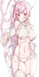 Rule 34 | 1girl, bare shoulders, breasts, closed mouth, commentary, detached sleeves, english commentary, garter straps, head on pillow, highres, hololive, hololive english, kamiya maneki, large breasts, long hair, looking at viewer, lying, meme attire, mixed-language commentary, mori calliope, navel, on side, outstretched arm, outstretched hand, panties, pink eyes, pink hair, ribbed sleeves, ribbed sweater, ribbed thighhighs, side-tie panties, sideboob, sideways, sleeves past wrists, smile, solo, straight hair, sweater, thigh gap, thighhighs, turtleneck, turtleneck sweater, underboob, underwear, virgin destroyer sweater, virtual youtuber, white background, white garter straps, white panties, white sweater