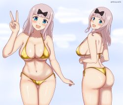 1girl artist_name ass bikini blue_eyes breasts cleavage fujiwara_chika gold_bikini highres huge_ass kaguya-sama_wa_kokurasetai_~tensai-tachi_no_renai_zunousen~ large_breasts legs long_hair looking_at_viewer multiple_views navel open_mouth pink_hair sideboob smile solo swimsuit thighs thong_bikini v