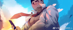 Rule 34 | 1boy, bara, bare pectorals, beard stubble, blush, chest hair, collared shirt, facial hair, from below, furrowed brow, highres, holding, holding phone, large pectorals, looking to the side, loose necktie, male focus, muscular, muscular male, necktie, nipples, open clothes, open shirt, original, pectorals, phone, r.l (2089184064), red necktie, salaryman, shirt, short hair, shy, sideburns, sideways glance, solo, stubble, sunrise, thick eyebrows, upper body, wind