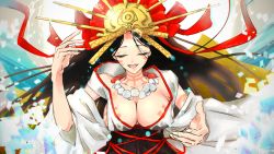 Rule 34 | 1girl, artist request, bare shoulders, bead necklace, beads, black hair, body markings, breasts, cleavage, closed eyes, facial mark, fate/grand order, fate (series), forehead, forehead mark, headpiece, highres, himiko (fate), himiko (third ascension) (fate), japanese clothes, jewelry, kimono, large breasts, long hair, long sleeves, looking at viewer, magatama, magatama necklace, necklace, no bra, off shoulder, open mouth, parted bangs, sideboob, smile, white kimono, wide sleeves