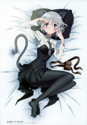 Rule 34 | 1girl, abiru tadashi, absurdres, animal ears, bed, black necktie, black pantyhose, black skirt, blush, breasts, cat ears, cat tail, closed mouth, green eyes, grey hair, highres, looking at viewer, lying, military, military uniform, miniskirt, necktie, official art, on bed, on side, pantyhose, pillow, sanya v. litvyak, short hair, skirt, small breasts, solo, strike witches, tail, uniform, world witches series