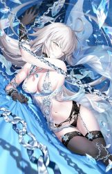 Rule 34 | 1girl, ahoge, artoria pendragon (fate), artoria pendragon (lancer alter) (fate), artoria pendragon (lancer alter) (fate) (cosplay), artoria pendragon (lancer alter) (royal icing) (fate), artoria pendragon (lancer alter) (royal icing) (fate) (cosplay), babydoll, bare shoulders, black gloves, black panties, black thighhighs, blue babydoll, blush, breasts, chain, choker, cleavage, clenched teeth, collarbone, commentary request, cosplay, fate/grand order, fate (series), garter belt, gloves, hair between eyes, jeanne d&#039;arc (fate), jeanne d&#039;arc alter (avenger) (fate), jeanne d&#039;arc alter (fate), kousaki rui, large breasts, long hair, looking at viewer, lying, navel, official alternate costume, on side, pale skin, panties, silver hair, snowflake print, solo, teeth, thighhighs, thighs, underwear, yellow eyes