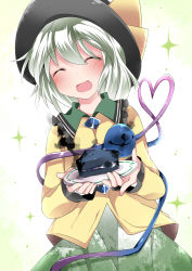 Rule 34 | 1girl, :d, ^ ^, bad food, bad id, bad pixiv id, blouse, blush, cake, cake slice, check commentary, check translation, closed eyes, commentary request, eyeball, facing viewer, food, green hair, hammer (sunset beach), hat, heart, heart of string, komeiji koishi, open mouth, plate, shirt, short hair, skirt, smile, smoke, solo, sparkle, third eye, touhou, translation request