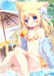 Rule 34 | 1girl, :d, animal ear fluff, animal ears, bare shoulders, barefoot, bendy straw, bikini, bikini skirt, blonde hair, blue bow, blue eyes, blue jacket, blue sky, blush, bow, brown bikini, building, cat ears, cat girl, cat tail, cloud, collarbone, commentary request, cup, day, disposable cup, drink, drinking straw, fingernails, hair between eyes, hair bow, holding, holding cup, jacket, long hair, long sleeves, navel, off shoulder, one side up, open clothes, open jacket, open mouth, original, outdoors, parasol, plaid, plaid bikini, shiratama (shiratamaco), sitting, sky, sleeves past wrists, smile, soles, solo, splashing, swimsuit, tail, tail raised, umbrella, very long hair, water