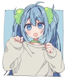 Rule 34 | 1girl, 3774., ahoge, blue eyes, blue hair, character request, check character, collar, cropped torso, fang, hair ornament, hatsune miku, long hair, long sleeves, looking at viewer, open mouth, skin fang, sleeves past wrists, smile, solo, twintails, vocaloid