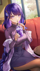 Rule 34 | 1girl, blush, braid, breasts, chair, commentary request, drinking straw, drinking straw in mouth, flower, food, genshin impact, hair ornament, highres, holding, ice cream, jewelry, large breasts, long hair, long sleeves, looking at viewer, low-braided long hair, low-tied long hair, mole, mole under eye, nail polish, nima (niru54), pantyhose, purple eyes, purple hair, raiden shogun, ribbed sweater, ring, sitting, skirt, solo, sweater, table, turtleneck, turtleneck sweater