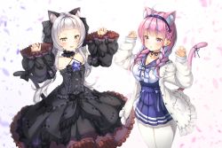 Rule 34 | 2girls, absurdres, ahoge, anchor symbol, animal ear fluff, animal ears, arms up, bare shoulders, black dress, black sleeves, blue choker, blue hair, blue neckwear, blue skirt, blunt bangs, blush, bow, bowtie, braid, breasts, brooch, cat ears, cat girl, cat tail, center frills, choker, claw pose, cleavage, collarbone, cowboy shot, criss-cross halter, detached sleeves, dress, dress bow, flat chest, french braid, frilled choker, frilled dress, frilled ribbon, frilled shirt collar, frills, gothic lolita, hair ribbon, halter dress, halterneck, high-waist skirt, highres, hololive, huge filesize, ijac ray, jacket, jewelry, juliet sleeves, large breasts, layered dress, lolita fashion, long hair, long sleeves, looking at viewer, minato aqua, minato aqua (sailor), multicolored hair, multiple girls, murasaki shion, murasaki shion (gothic lolita), pantyhose, parted lips, petals, pinstripe dress, pinstripe pattern, pleated skirt, puffy sleeves, purple eyes, purple hair, ribbon, ribbon choker, sailor collar, shirt, short eyebrows, sidelocks, silver hair, skirt, sleeveless, sleeveless dress, sleeves past wrists, smile, star (symbol), streaked hair, striped, surprised, tail, tail bow, tail ornament, tail ribbon, twin braids, twintails, two-tone hair, underbust, virtual youtuber, w arms, white jacket, white legwear, white shirt, wide sleeves, yellow eyes