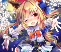 Rule 34 | 1girl, :3, ;d, bad id, bad pixiv id, blonde hair, blush, bow, chain, fang, female focus, flower, hair bow, horns, ibuki suika, kedama milk, long hair, one eye closed, open mouth, outstretched arms, red eyes, smile, solo, touhou, wink, wrist cuffs