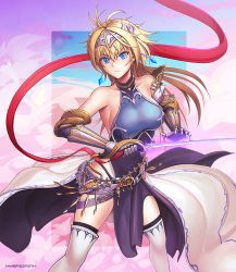 Rule 34 | 1girl, artist name, bare shoulders, belt, blonde hair, blue eyes, breasts, commentary, earrings, english commentary, gauntlets, headpiece, holding, holding sword, holding weapon, hybridmink, jewelry, knight, long hair, looking at viewer, no bra, ponytail, roland (shadowverse), roland the incorruptible, shadowverse, sideboob, standing, sword, tagme, thighhighs, weapon, white thighhighs