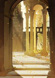 Rule 34 | 1boy, androgynous, arch, blonde hair, braid, building, chinese commentary, colonnade, column, commentary request, day, dress, elden ring, facing away, falling leaves, from behind, highres, la bo chu shi, leaf, light rays, long hair, male focus, miquella (elden ring), outdoors, pillar, plant, scenery, solo, standing, sunbeam, sunlight, twin braids, very long hair, vines, white dress, wind, yellow theme