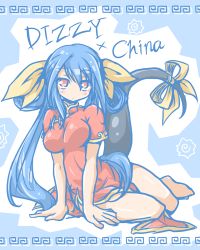 Rule 34 | 1girl, arc system works, blue hair, blush, bow, breasts, china dress, chinese clothes, dizzy (guilty gear), dress, female focus, guilty gear, hair bow, long hair, neko yume, pale color, red eyes, ribbon, solo, tail, tail ornament, tail ribbon, twintails, white background, wings