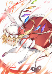 Rule 34 | 1girl, absurdres, blonde hair, crystal, flandre scarlet, full body, grin, hat, hat ribbon, highres, laevatein (touhou), looking at viewer, mob cap, nagomian, one side up, red eyes, red footwear, red ribbon, red skirt, red vest, ribbon, shirt, short sleeves, skirt, smile, solo, touhou, vest, white background, white hat, white shirt, wings