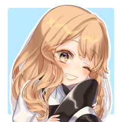 Rule 34 | 1girl, black hat, black vest, blonde hair, blue background, blush, border, braid, commentary request, grin, hair intakes, hat, holding, holding clothes, holding hat, kirisame marisa, long hair, looking at viewer, mokokiyo (asaddr), one eye closed, outline, outside border, puffy sleeves, shirt, simple background, single braid, smile, solo, star-shaped pupils, star (symbol), symbol-shaped pupils, touhou, unworn hat, unworn headwear, upper body, vest, white border, white outline, white shirt, witch hat, yellow eyes