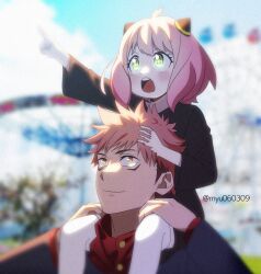 Rule 34 | + +, 1boy, 1girl, ahoge, amusement park, anya (spy x family), black dress, black jacket, bloom, blue sky, blurry, blurry background, blush, brown eyes, buttons, carrying, cel shading, child, cloud, commentary request, crossover, day, depth of field, dress, excited, facial mark, ferris wheel, film grain, green eyes, hairpods, hand in another&#039;s hair, hand in own hair, hand on another&#039;s head, hands on another&#039;s thighs, hands up, high collar, highres, itadori yuuji, jacket, jujutsu kaisen, kneehighs, long sleeves, looking afar, looking ahead, looking away, looking up, medium hair, myu060309, open mouth, outdoors, outstretched arm, pink hair, pointing, roller coaster, short hair, shoulder carry, sidelighting, sky, smile, socks, soft focus, spiked hair, spy x family, teeth, twitter username, undercut, upper body, upper teeth only, v-neck, white socks