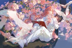 Rule 34 | 1boy, bird, bishounen, blurry, blurry foreground, book, braid, branch, buttons, chen feng, cherry blossoms, closed mouth, collarbone, collared shirt, day, depth of field, dove, dream mansion, falling petals, flower, flying, hair between eyes, hand up, highres, holding, holding book, in tree, lens flare, long hair, long sleeves, looking away, looking to the side, male focus, mr study, open book, open collar, orange hair, outdoors, pants, petals, pink flower, red eyes, shirt, shoes, side braid, single braid, sitting, sitting in tree, smile, solo, tree, very long hair, white footwear, white pants, white shirt, wing collar
