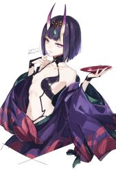 Rule 34 | 1girl, alcohol, amaichi esora, bare shoulders, blush, breasts, cup, dated, fate/grand order, fate (series), highres, horns, japanese clothes, kimono, looking at viewer, navel, oni, purple eyes, purple hair, sakazuki, sake, short hair, shuten douji (fate), signature, skin-covered horns, small breasts, solo