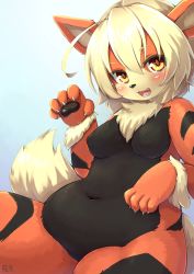 Rule 34 | 1girl, ahoge, animal hands, arcanine, bad id, bad twitter id, blonde hair, blush, breasts, brown eyes, claws, creatures (company), female focus, furry, furry female, game freak, gen 1 pokemon, highres, medium breasts, navel, nintendo, no nipples, nude, open mouth, orange fur, personification, plump, pokemon, shiitakemeshi, smile, solo