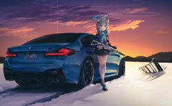 Rule 34 | 1girl, absurdres, animal ear fluff, animal ears, assault rifle, black footwear, black skirt, blazer, blouse, blue archive, blue eyes, blue jacket, blue necktie, blue scarf, bmw, bmw m5, breast pocket, car, cloud, collared shirt, full body, gloves, green gloves, gun, halo, highres, holding, holding gun, holding weapon, id card, jacket, kneehighs, long hair, long sleeves, looking at viewer, mismatched pupils, motor vehicle, necktie, nougat (73r1r1), open clothes, open jacket, outdoors, parted lips, plaid, plaid skirt, pleated skirt, pocket, rifle, scarf, shiroko (blue archive), shirt, shoes, sig sauer 556, signature, silver hair, single glove, skirt, sky, sneakers, snow, socks, solo, standing, sunset, trigger discipline, vehicle focus, weapon, white shirt, white socks, wolf ears