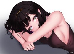 Rule 34 | 1girl, ango, ankkoyom, arm pillow, bad id, bad pixiv id, bare arms, bare shoulders, black hair, blush, breasts, cleavage, closed mouth, crying, eyelashes, from side, frown, gradient background, grey eyes, hairband, head rest, long hair, looking at viewer, medium breasts, messy hair, no bra, original, pointy ears, sideboob, signature, sleeveless, slit pupils, solo, tears, upper body