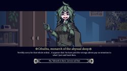 Rule 34 | 1girl, :d, breasts, brown gloves, brown jacket, buttons, character name, cthulhu, cthulhu mythos, english text, engrish text, gloves, green hair, helltaker, highres, hohodo (hohodo8), indoors, jacket, large breasts, long hair, long sleeves, looking at viewer, open mouth, personification, ranguage, red eyes, smile, solo, speech bubble, teeth, upper teeth only, vanripper (style)