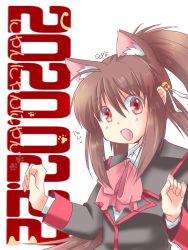 Rule 34 | 1girl, animal ears, artist name, ascot, brown hair, cat day, cat ears, commentary request, dated, little busters!, long hair, looking at viewer, natsume rin, open mouth, ponytail, red ascot, red eyes, school uniform, scp (9scp), solo, white background