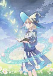 Rule 34 | 1girl, black bow, black bowtie, blonde hair, blue eyes, blue jacket, blue skirt, book, bow, bowtie, bug, butterfly, cropped legs, flower, from side, grass, hair bow, hat, highres, holding, holding book, insect, jacket, k.nishiyama, looking to the side, magic circle, original, petals, shirt, short hair, skirt, sky, solo, standing, white shirt, witch, witch hat