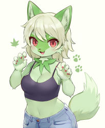 Rule 34 | 1girl, animal ear fluff, animal ears, breasts, cat ears, cat girl, cat tail, claw pose, cleavage, creatures (company), denim, erumeruta, fang, female focus, fingernails, furry, furry female, game freak, green fur, jeans, long fingernails, looking at viewer, midriff, navel, nintendo, open mouth, pants, personification, pokemon, pokemon (creature), red eyes, simple background, solo, sprigatito, tail, white hair