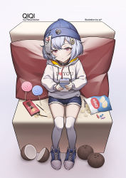 Rule 34 | 1girl, ark john up, beanie, candy, carton, casual, chair, character name, chips (food), choker, clothes writing, coconut, drink, drinking straw, english text, food, full body, genshin impact, half-closed eyes, hat, heart, holding, holding drink, hood, hoodie, lollipop, looking at viewer, pillow, pocky, potato chips, purple eyes, purple hair, qiqi (genshin impact), shoes, short shorts, shorts, sitting, snack, sneakers, solo, sweets, white legwear