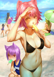 Rule 34 | 10s, 2015, 4girls, animal ears, ariverkao, ass, back, bag, bare back, beach, beach umbrella, bikini, black bikini, black hair, black male swimwear, black swim briefs, blanket, blonde hair, blue one-piece swimsuit, breasts, cat ears, cleavage, collarbone, crowd, dated, day, eating, eyelashes, food, green hair, height difference, holding hands, kickboard, lake, large breasts, long hair, male swimwear, mouth hold, multiple girls, name tag, navel, ocean, one-piece swimsuit, original, outdoors, parasol, pink eyes, popsicle, purple bikini, purple hair, red eyes, red hair, school swimsuit, shading eyes, short hair, signature, sitting, sky, standing, summer, swim briefs, swimsuit, thong bikini, tree shade, umbrella, very long hair, walking