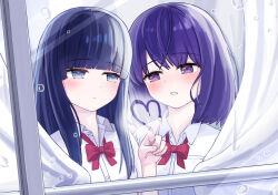 2girls blue_eyes blue_hair blunt_bangs bow bowtie breast_pocket collared_shirt commentary_request condensation curtains enokitake glass_writing half-closed_eyes head_tilt heart light_blush long_hair looking_at_another looking_at_object loose_bowtie medium_hair multiple_girls original parted_lips partially_unbuttoned pocket purple_eyes purple_hair raised_eyebrows red_bow red_bowtie shirt sidelocks teeth upper_body water_drop white_shirt window window_fog yuri