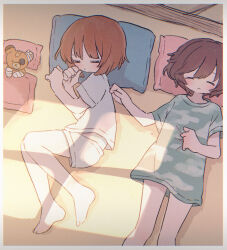 2girls =_= akiyama_yukari bandaged_ear bandages bandaid barefoot bed brown_hair closed_eyes fetal_position girls_und_panzer green_nightgown highres lying multiple_girls nightgown nishizumi_miho on_back on_bed on_side pajamas pillow ri_(qrcode) shirt short_hair shorts sleeping sleepwear stuffed_animal stuffed_toy teddy_bear white_pajamas white_shirt white_shorts window_shadow yuri