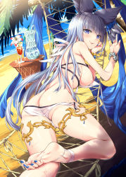 Rule 34 | 1girl, absurdres, akanagi youto, animal ears, anklet, ass, barefoot, beach, bikini, blue eyes, blue nails, blunt bangs, bracelet, breasts, butt crack, commentary request, cup, day, drink, drinking glass, dutch angle, erune, feet, flower, granblue fantasy, grey hair, hammock, highres, jewelry, korwa, korwa (summer) (granblue fantasy), large breasts, long hair, looking at viewer, lying, m/, nail polish, nipples, on stomach, outdoors, palm tree, parted lips, sand, smile, soles, solo, sparkle, sweat, swimsuit, toenail polish, toenails, toes, tree, tropical drink, tsurime, untied bikini, very long hair, water, white bikini