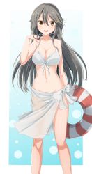 Rule 34 | 10s, 1girl, absurdres, alternate costume, ame-rain, bare arms, bare legs, bare shoulders, breasts, brown eyes, cleavage, commentary request, eyebrows, front-tie top, grey hair, hair ornament, hairclip, haruna (kancolle), highres, kantai collection, large breasts, lifebuoy, long hair, looking at viewer, navel, open mouth, sarong, shiny skin, simple background, smile, solo, swim ring, swimsuit