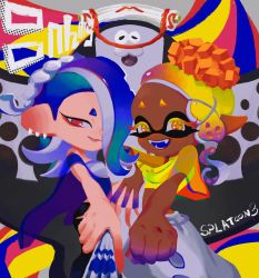 Rule 34 | 1boy, 2girls, :d, big man (splatoon), blonde hair, blue hair, cephalopod eyes, clenched hand, colored eyelashes, colored skin, colorful, copyright name, crop top, cross-shaped pupils, dark-skinned female, dark skin, earrings, fangs, folding fan, food, food on head, forehead, frye (splatoon), gradient hair, gradient skin, hachimaki, hair over one eye, hand fan, headband, highres, holding, holding fan, horizontal pupils, inkling, jewelry, ka1 (k4k37), long hair, looking at viewer, manta ray, multicolored hair, multicolored skin, multiple earrings, multiple girls, nejiri hachimaki, nintendo, object on head, octoling, open mouth, pink pupils, pointy ears, poncho, purple hair, purple skin, red eyes, red skin, see-through, shiver (splatoon), sleeveless, smile, splatoon (series), splatoon 3, suction cups, symbol-shaped pupils, teeth, tempura, tentacle hair, two-tone hair, two-tone skin, yellow crop top, yellow eyes