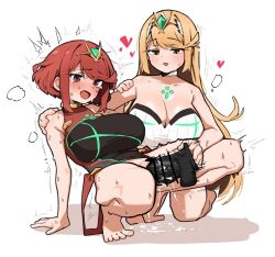 Rule 34 | 2girls, arm around shoulder, arm support, bar censor, bare shoulders, blonde hair, blush, breasts, censored, chest jewel, cleavage, clothing aside, core crystal (xenoblade), dildo, dress, fried bocky, gem, half-closed eyes, hand on another&#039;s arm, hand on another&#039;s shoulder, headpiece, heart, highres, holding, holding sex toy, huge dildo, kneeling, large breasts, leaning back, leotard, leotard aside, long hair, looking at another, moaning, motion lines, multiple girls, mythra (xenoblade), object insertion, open mouth, pussy, pussy juice, pussy juice puddle, pyra (xenoblade), red eyes, red hair, sex toy, shadow, shiny skin, short hair, simple background, smile, spread legs, squatting, sweat, swept bangs, tears, tiara, trembling, vaginal, vaginal object insertion, white background, white dress, xenoblade chronicles (series), xenoblade chronicles 2, yellow eyes