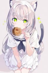 Rule 34 | 1girl, animal ear fluff, animal ears, black neckerchief, blush, cat ears, cat girl, cat tail, commentary, doughnut, food, food in mouth, frilled skirt, frills, from below, green eyes, grey background, hair between eyes, hair intakes, hand up, highres, long hair, looking at viewer, neckerchief, original, paw pose, sailor collar, school uniform, serafuku, short sleeves, simple background, sitting, skirt, solo, sparkle, tail, tantan men (dragon), white hair, white sailor collar, white serafuku, white skirt