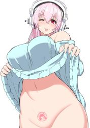 Rule 34 | 1girl, ;p, bad id, bad twitter id, bare shoulders, blush, breasts, clothes lift, female focus, groin, headphones, large breasts, lifting own clothes, long hair, looking at viewer, miyamoto issa, naked sweater, navel, nitroplus, no panties, off-shoulder, off-shoulder sweater, off shoulder, one eye closed, out-of-frame censoring, pink eyes, pink hair, pubic tattoo, simple background, smile, solo, super sonico, sweater, sweater lift, tattoo, tongue, tongue out, white background