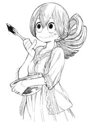 Rule 34 | 10s, 1girl, :&gt;, :p, alternate hairstyle, asui tsuyu, batter, blush stickers, boku no hero academia, bowl, casual, eyelashes, greyscale, hair between eyes, hair up, holding, ladle, long hair, monochrome, murakami hisashi, simple background, solo, tongue, tongue out, upper body, white background